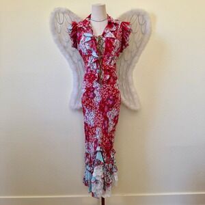 Red Floral Patchwork Ruffle Maxi Dress Lace Up VNeck Cap Sleeve Colorful Wedding